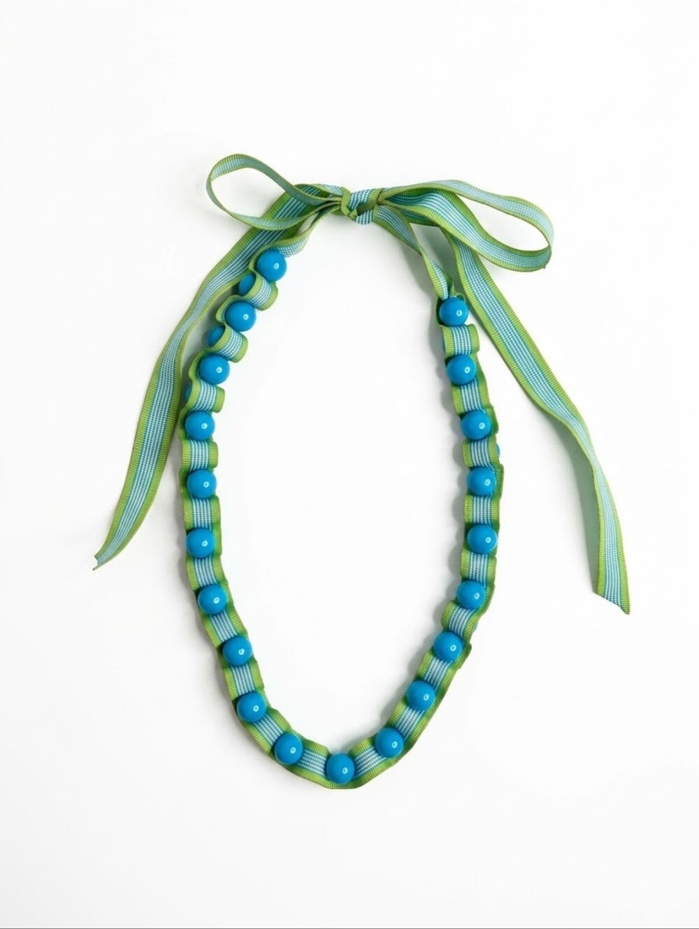 Vintage Blue & Green Beaded Ribbon Coastal Charm Statement Necklace